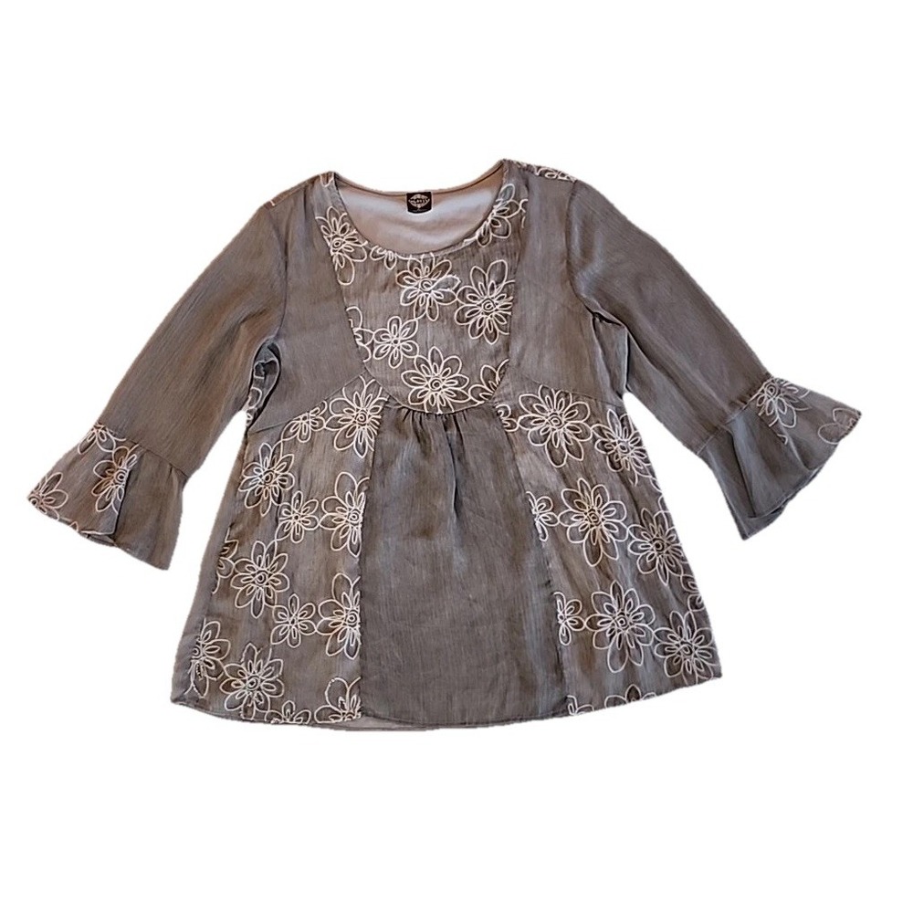 Calstyle Womens Sheer Top Size XL Bell Sleeve Floral Embroidered Gray Tunic Boho